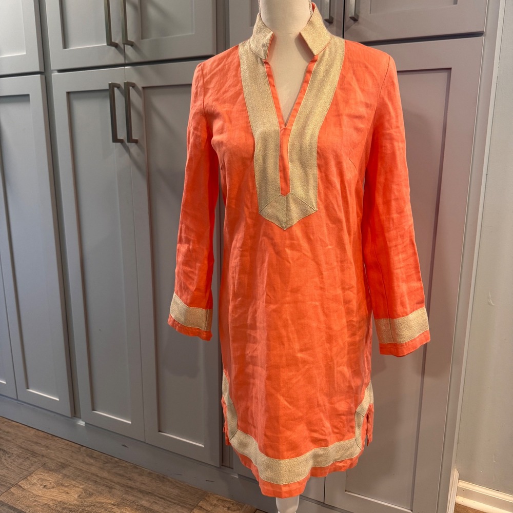 Sail to Sable STS Coral Pink Linen Tunic Dress Gold Metallic Trim Small